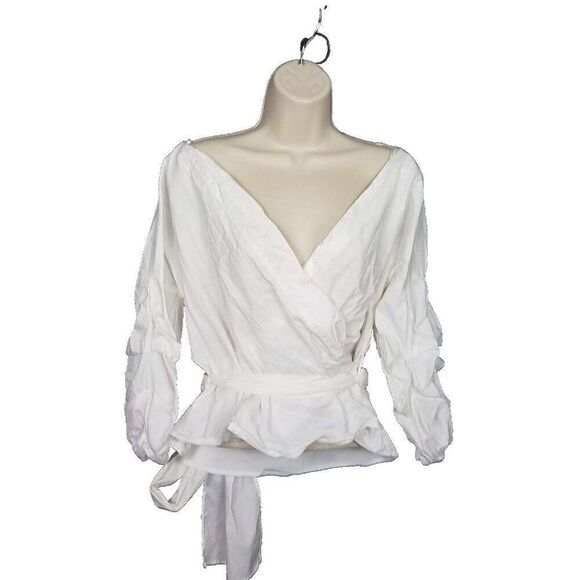 Essue Medium White V Neck Belted Blouse Cotton Blend Casual Dress Size M - Picture 1 of 12